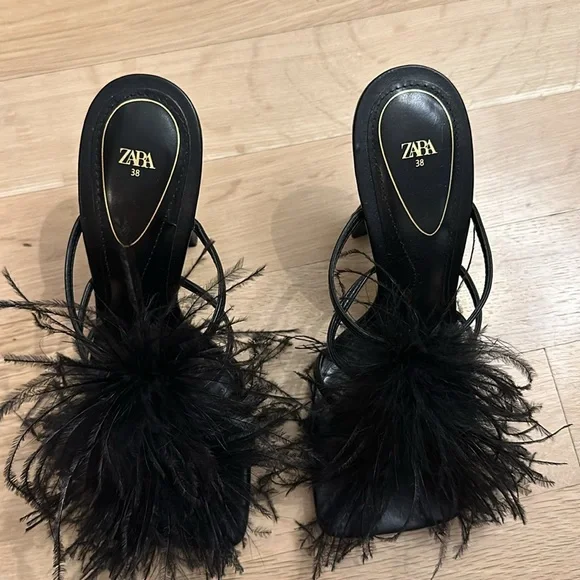 Zara Black Feather Trim Square-Toe Heel Mules - Picture 2 of 5